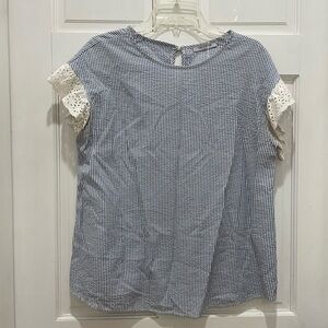 Blue and White Striped Women's Top with Lace Sleeves